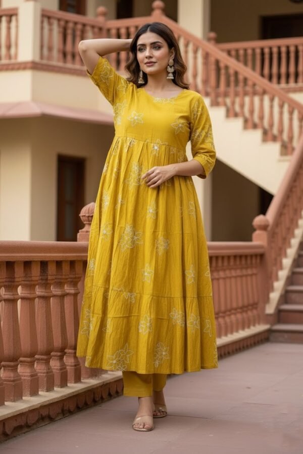 Mustard Floral Tiered Rayon Maxi Kurti