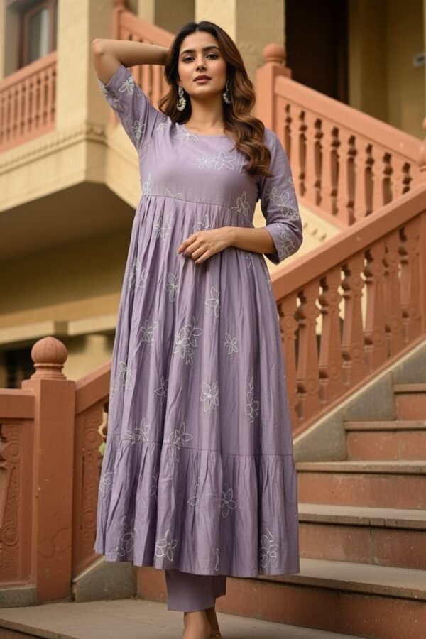 Lavender Bloom Rayon Tiered Maxi Kurti