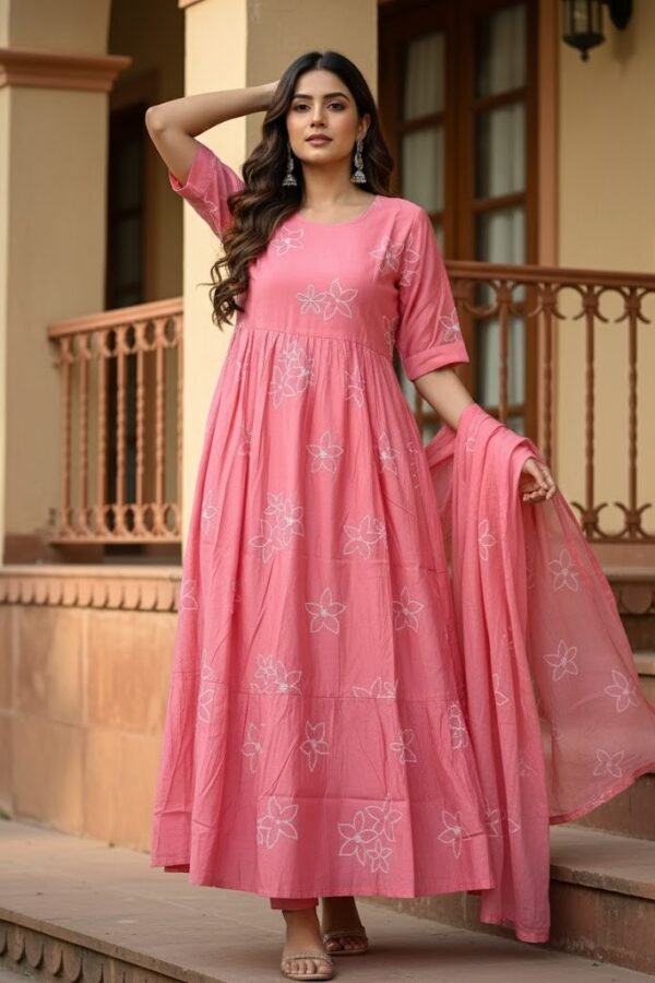 Pink Spring Rayon Embroidered Tiered Maxi Kurti