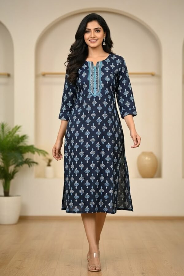 Avaasa Navy Blue & Aqua Block Print Rayon Single Kurti