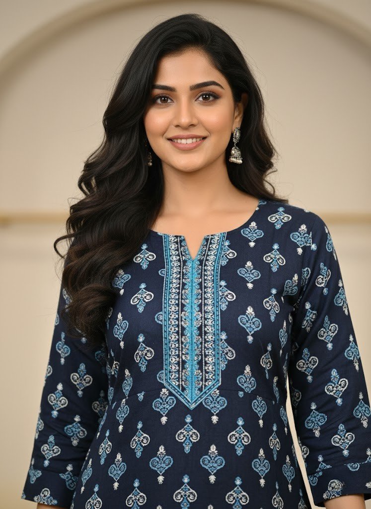 Avaasa Navy Blue & Aqua Block Print Rayon Single Kurti - Image 2