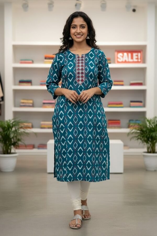 Avaasa Premium Teal Ikat Print Single Piece Rayon Kurti