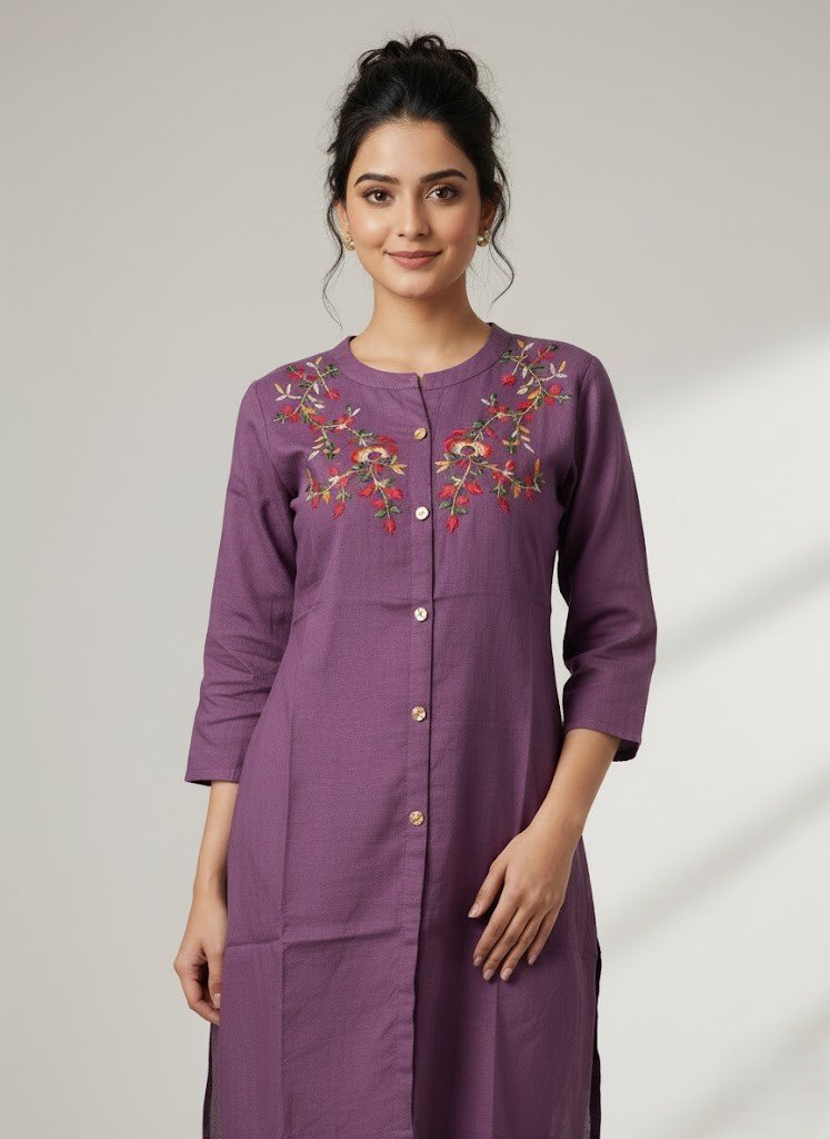 Embroidered Cotton Co-ord Set - Plum Purple - Image 2