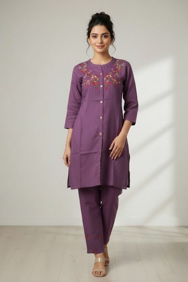 Embroidered Cotton Co-ord Set - Plum Purple