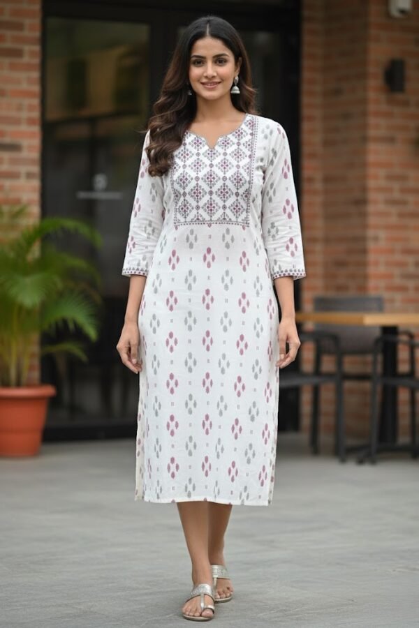 Avaasa Premium White & Magenta Geometric Print Rayon Kurti