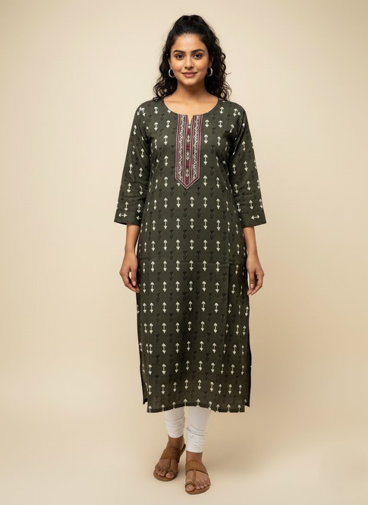 Avassa Olive Green Rayon Ikat-Print Kurti