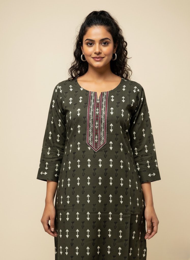 Avassa Olive Green Rayon Ikat-Print Kurti - Image 2