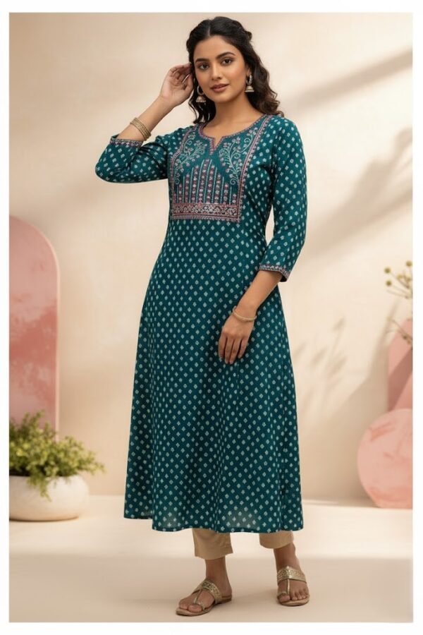Avaasa brand Peacock Blue Jaal Printed & Embroidered Rayon Kurti