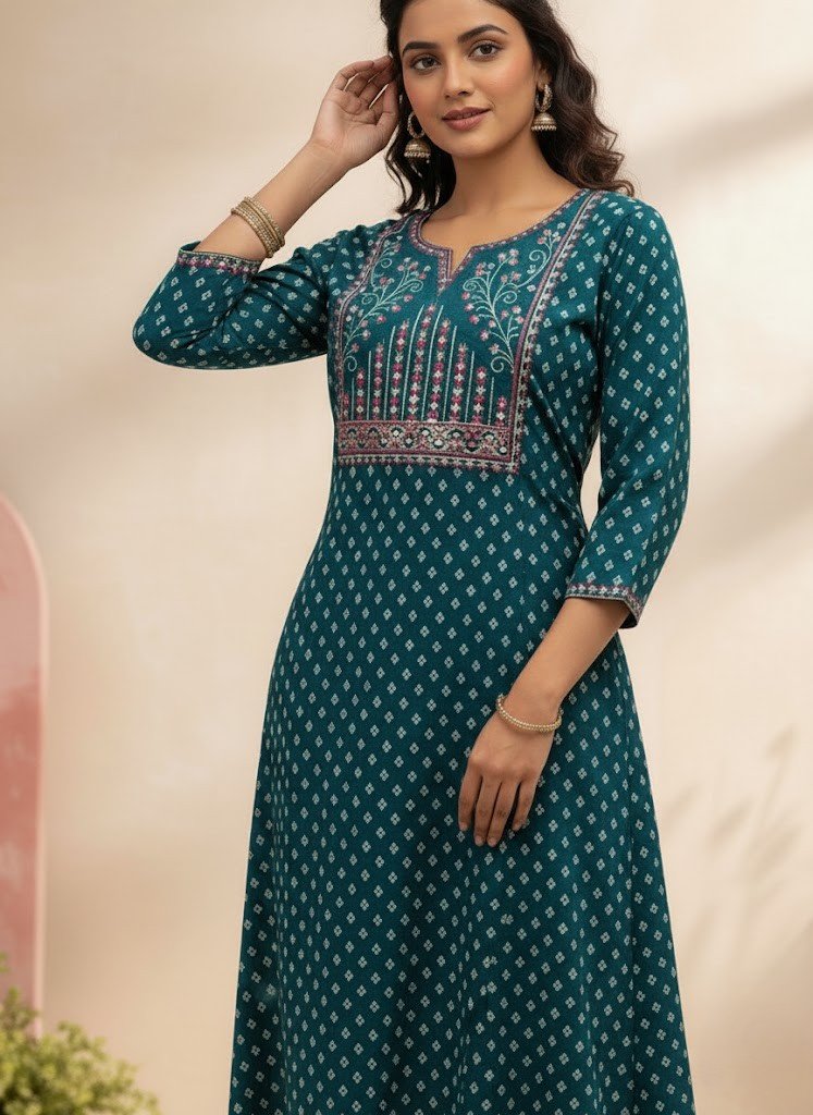 Avaasa brand Peacock Blue Jaal Printed & Embroidered Rayon Kurti - Image 2