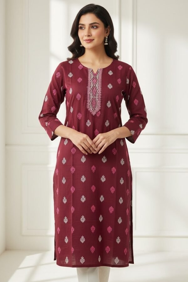 Avaasa Wine Embroidered Straight Rayon Kurti