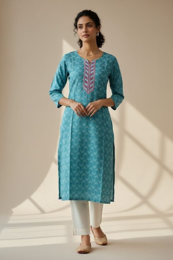 Avaasa Teal Blue Wave Print Rayon Kurti with Embroidered