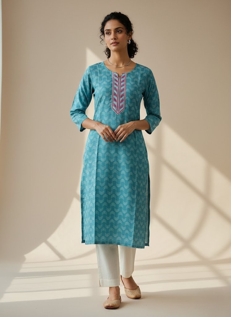 Avaasa Teal Blue Wave Print Rayon Kurti with Embroidered