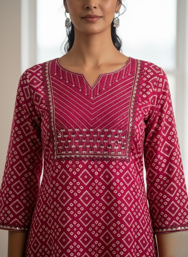 Avaasa Premium Magenta Rayon Kurti with Geometric Bandhani Print & Embroidered Yoke - Image 2