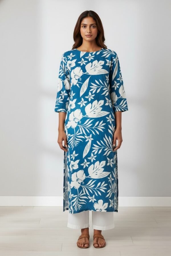 Teal Blue & White Floral Print Straight Kurti