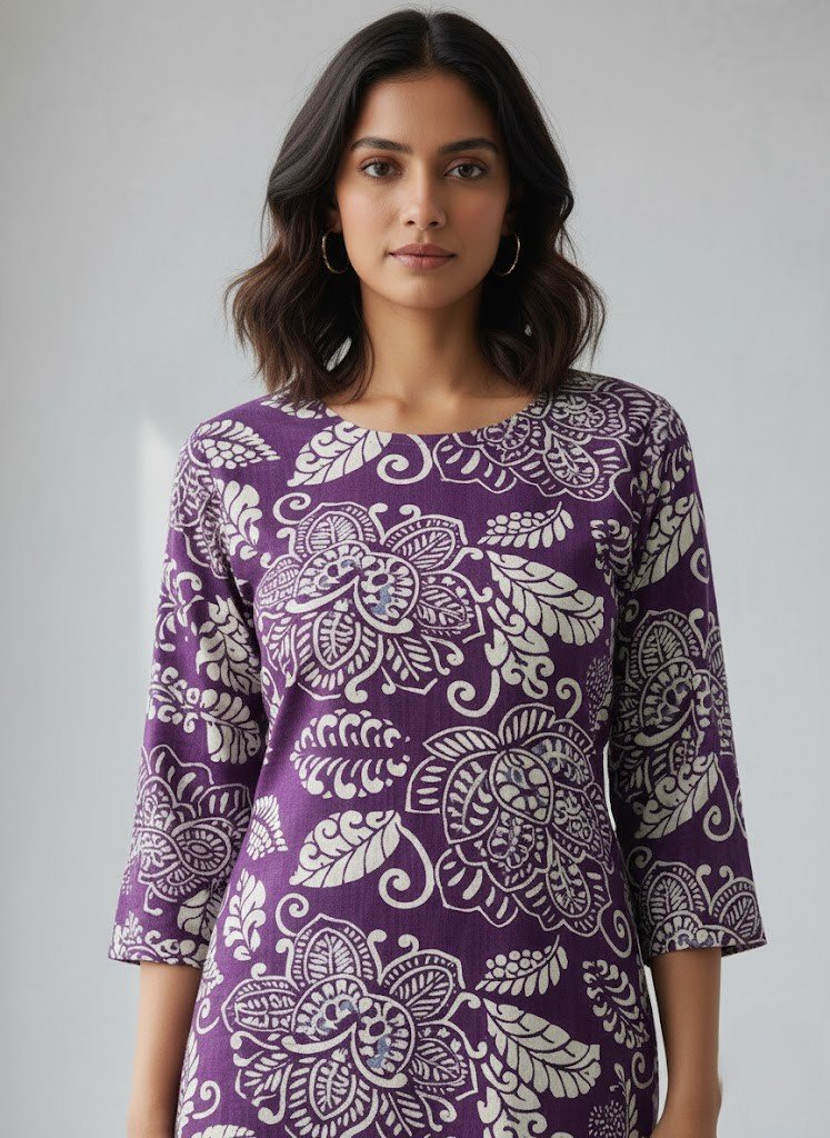 Royal Violet Block Print Rayon Kurti - Image 2