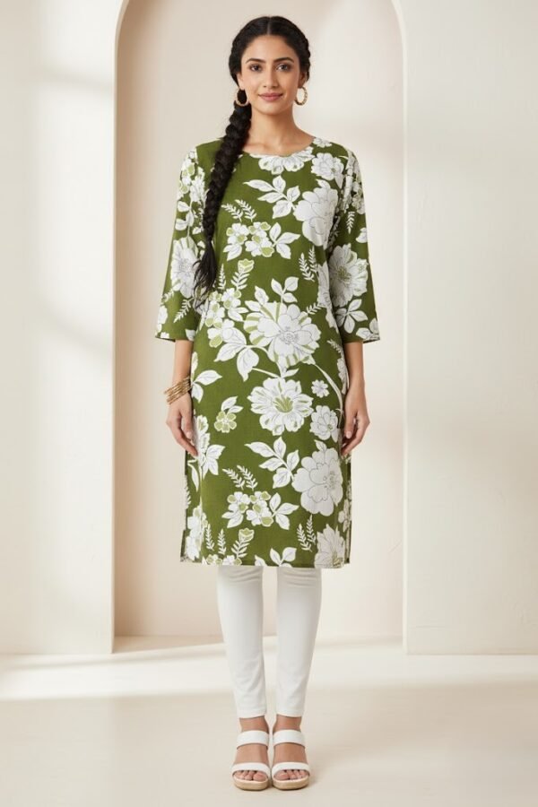 Premium Green & White Floral Kurti