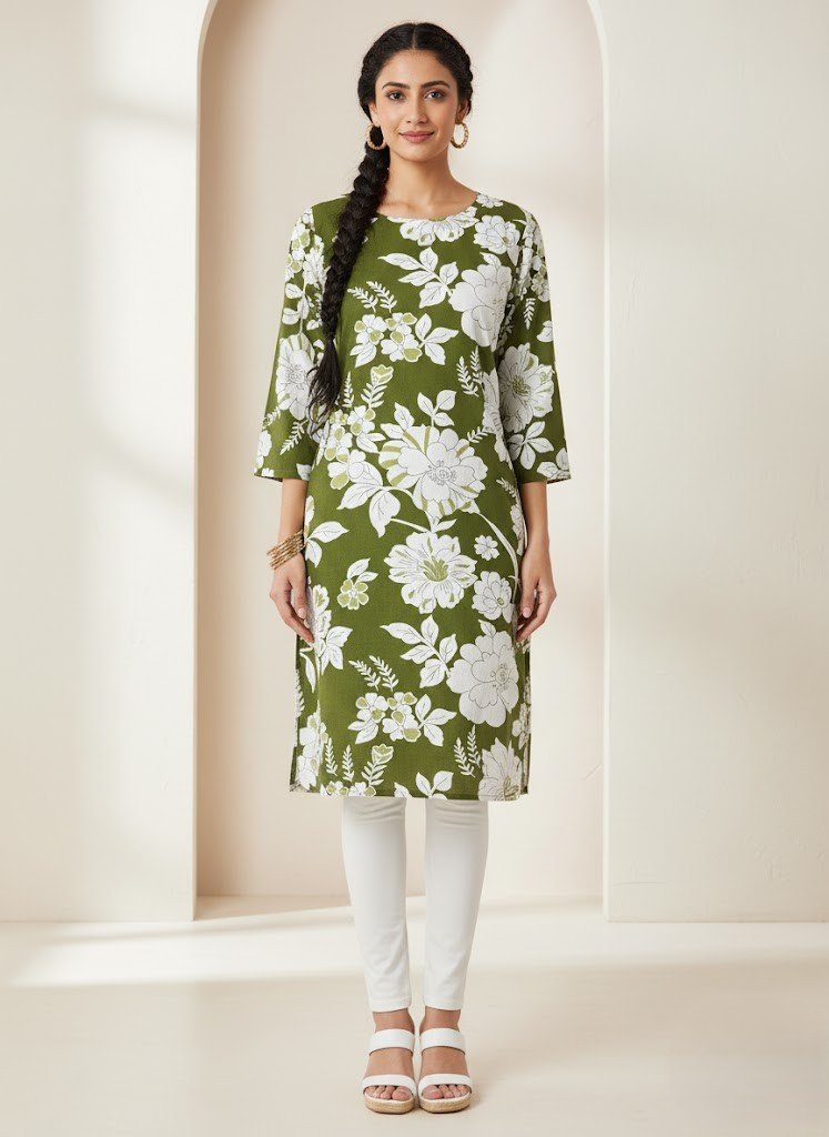 Premium Green & White Floral Kurti