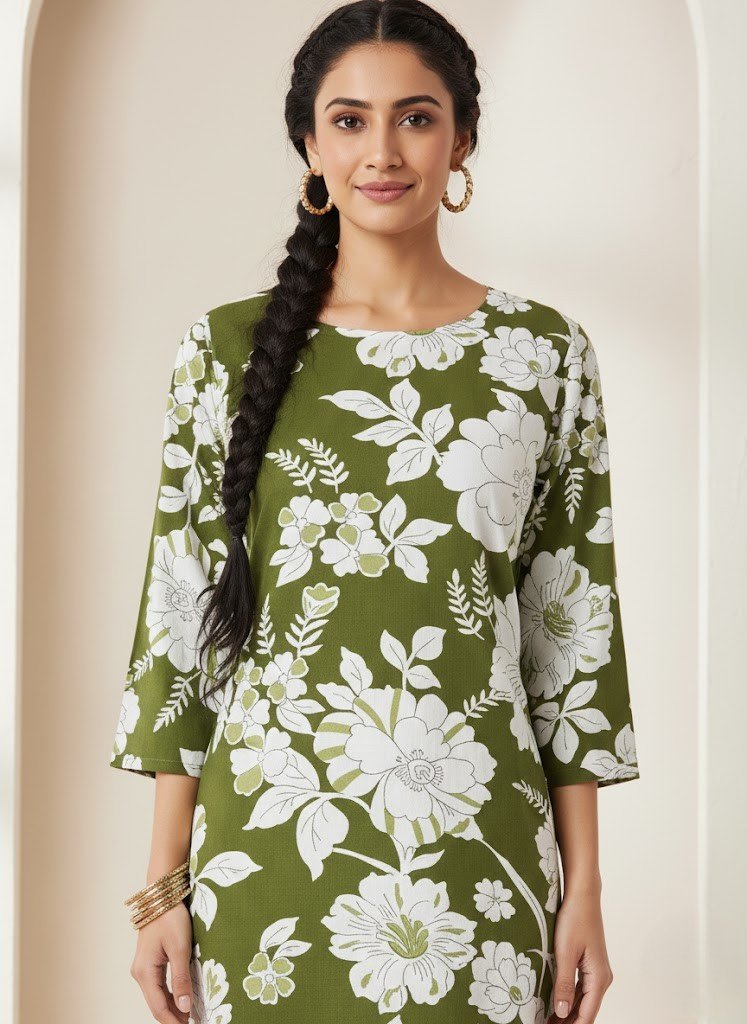 Premium Green & White Floral Kurti - Image 2