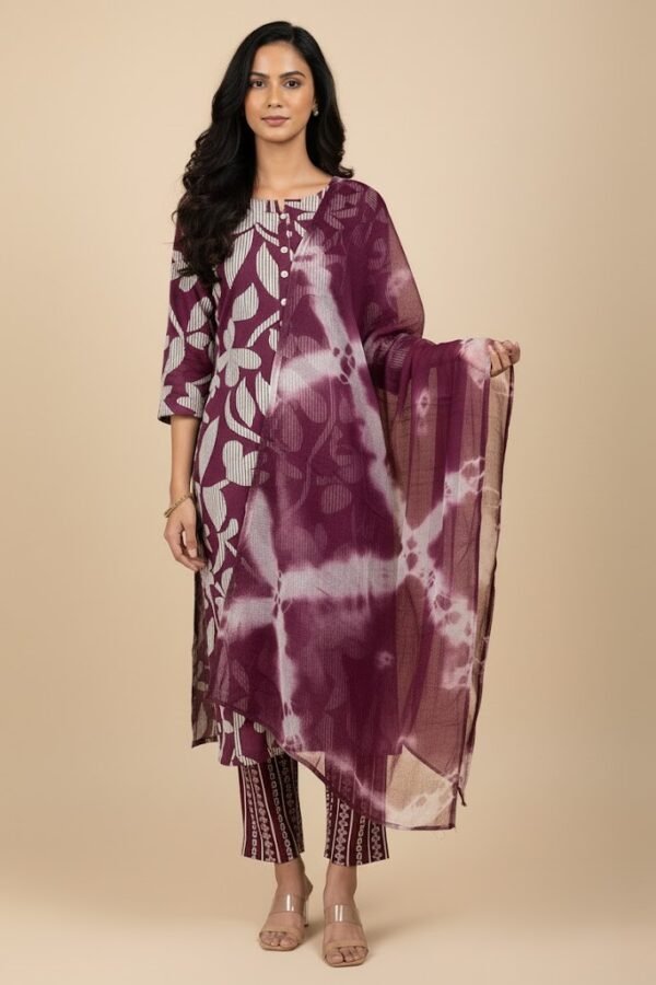 Exquisite Merlot Block Print and Tie-Dye Cotton Kurta Set