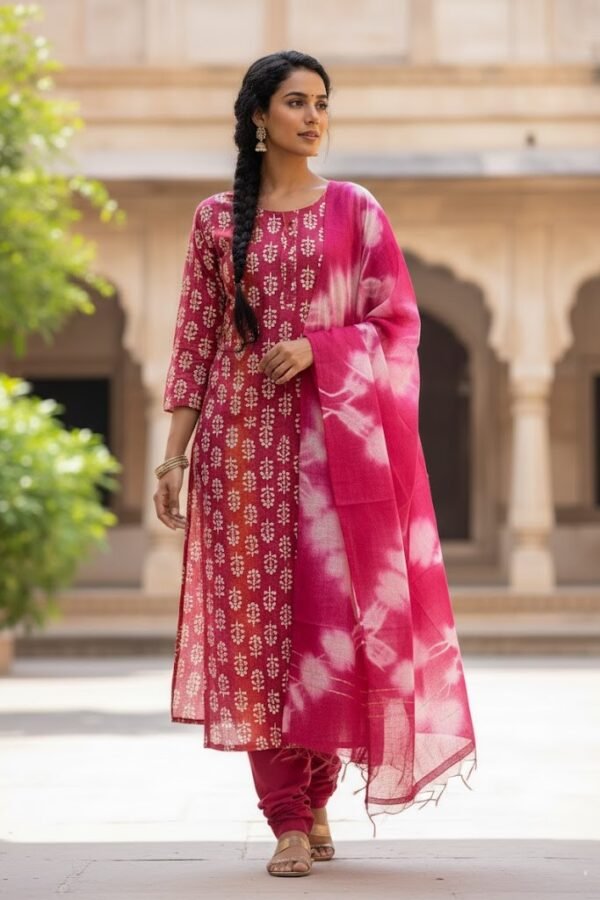 The Berry Block-Print Cotton Kurti Set with Tie-Dye Dupatta