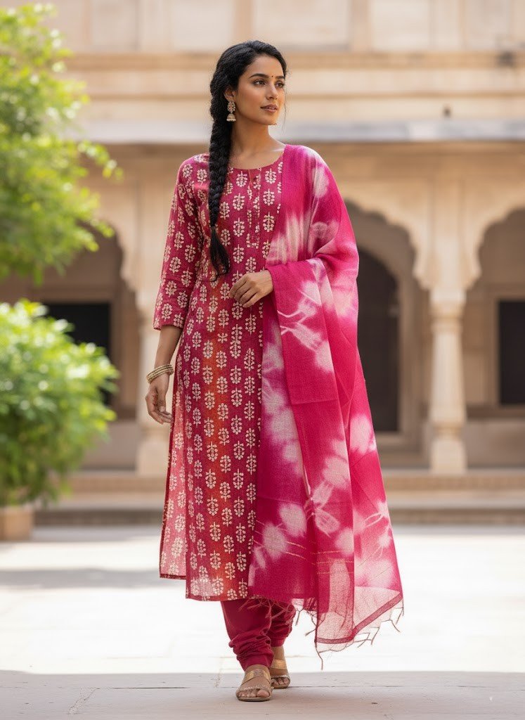 The Berry Block-Print Cotton Kurti Set with Tie-Dye Dupatta