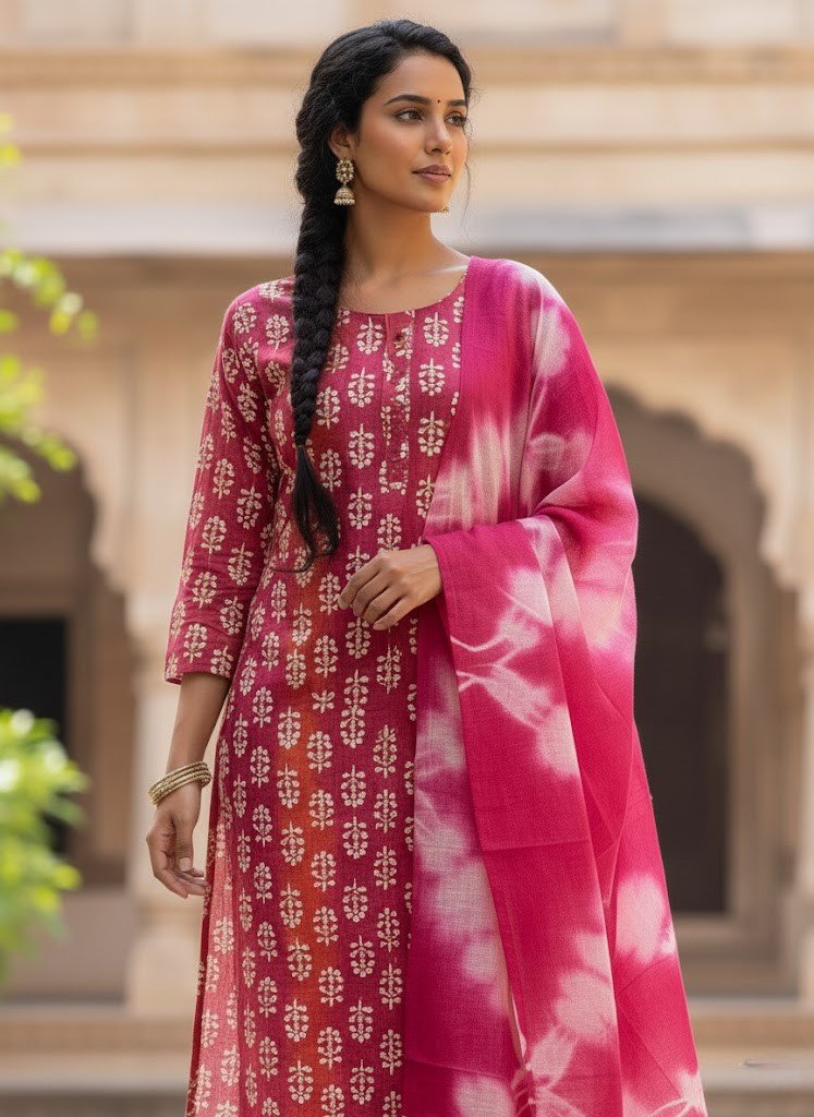 The Berry Block-Print Cotton Kurti Set with Tie-Dye Dupatta - Image 2