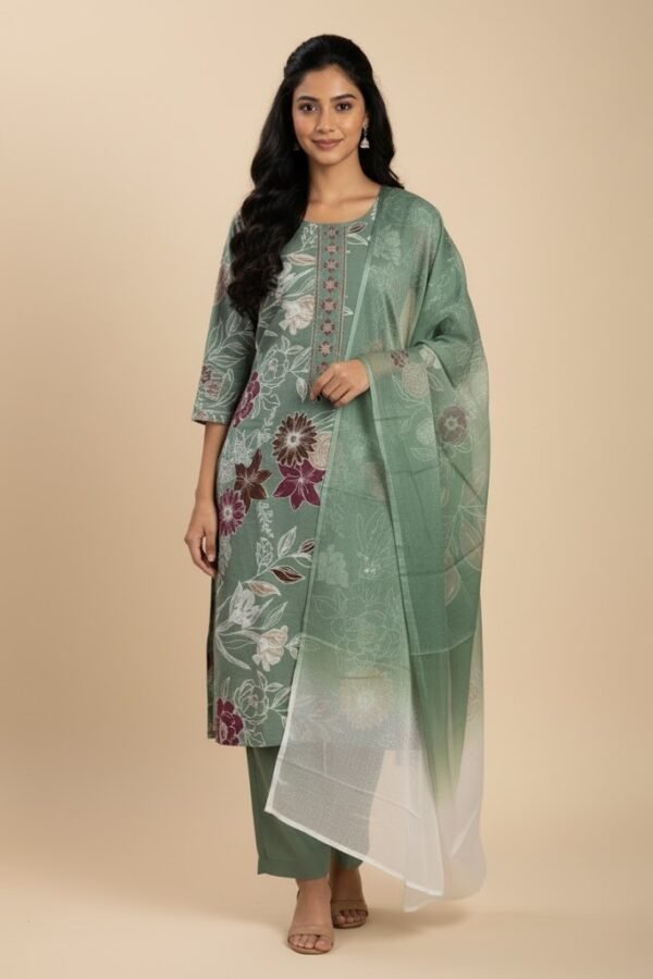 Mint Green Printed Rayon Kurta and Pant Set with Chiffon Dupatta