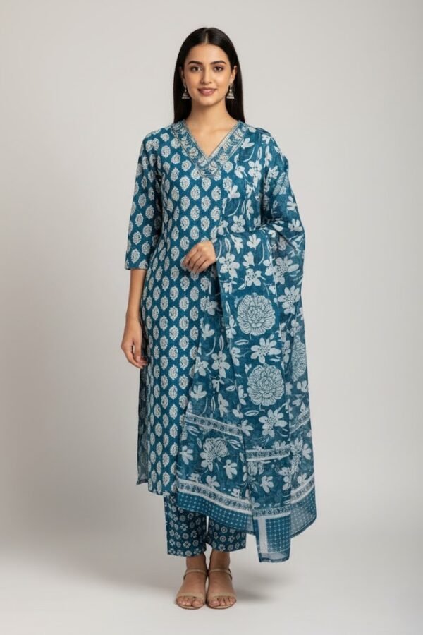 Teal Blue Cotton Printed Kurta Set with Dupatta