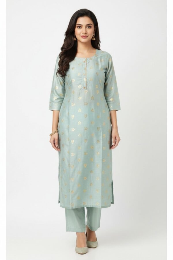 Aqua Gold Foil Print Rayon Kurti