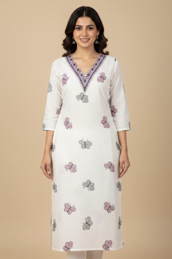 Lilac & Grey Butterfly Embroidered Cotton Kurti