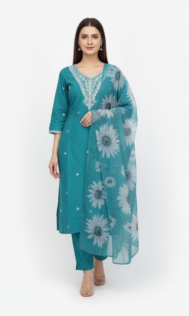 Elegant Teal Embroidered Kurti Set with Sunflower Print Dupatta