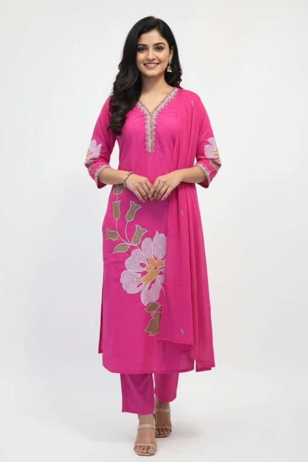 Fuchsia Pink Cotton Embroidered Kurta Set with Dupatta