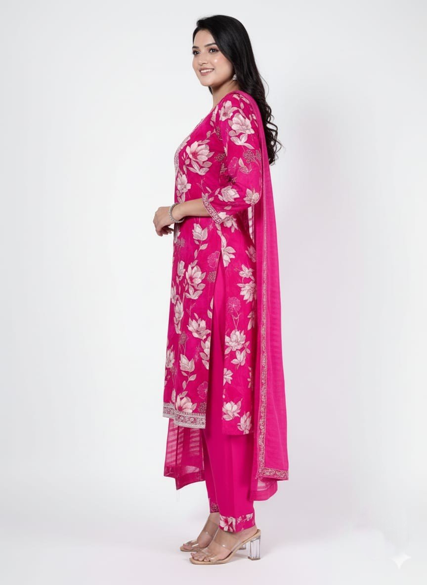 Fuschia Floral Embroidered Cotton Kurti Set with Dupatta - Image 3